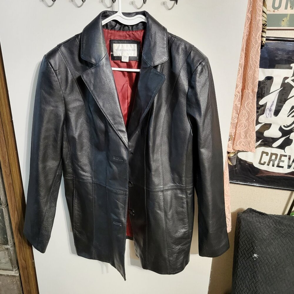 CLASSIC VINTAGE WOMANS WORTHINGTON BLACK LEATHER JACKET SZ L - Picture 2 of 8